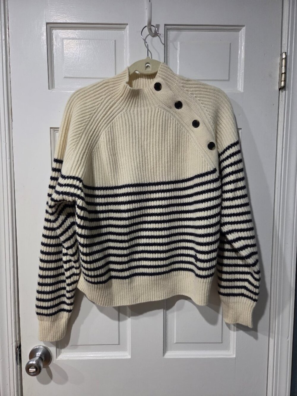 Tory Sport Striped Button-Detail Knit Mock Neck Sweater XL